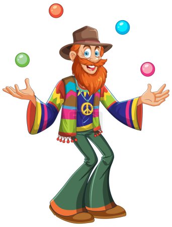 Cartoon-Hippie jongliert Bälle mit fröhlichem Gesichtsausdruck.
