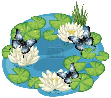 Illustration for Vector illustration of butterflies over a serene lily pond - Royalty Free Image