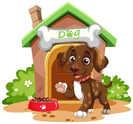 Cartoon puppy with doghouse and food bowl