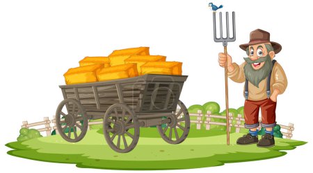 Téléchargez les illustrations : Fermier souriant debout à côté d'un chariot rempli de foin. - en licence libre de droit