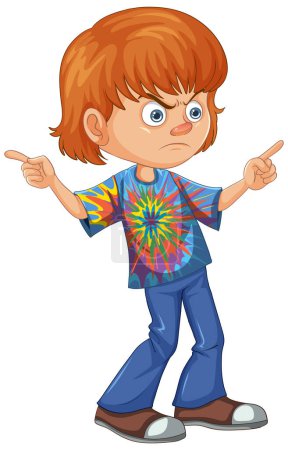 Cartoon boy with angry expression pointing fingers.