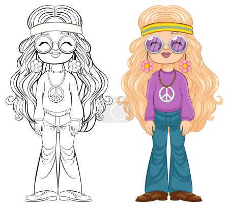Illustration for Colorful and black-and-white 70s style girl vector. - Royalty Free Image