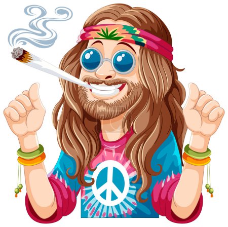 Illustration for Cartoon hippie with joint, peace sign, and headband. - Royalty Free Image