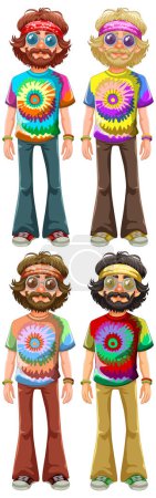 Ilustración de Cuatro personajes vectoriales en vibrante atuendo de los años 70. - Imagen libre de derechos