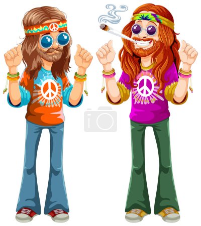 Ilustración de Personajes hippies coloridos y retro con símbolos de paz. - Imagen libre de derechos