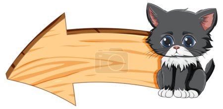 Adorable chaton dessin animé à côté d'un panneau de flèche vierge.