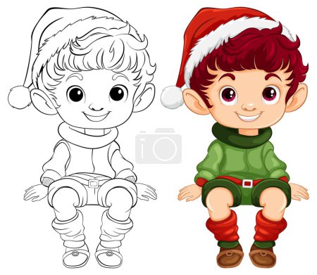 Ilustración de Versiones coloridas y esbozadas de un elfo festivo. - Imagen libre de derechos
