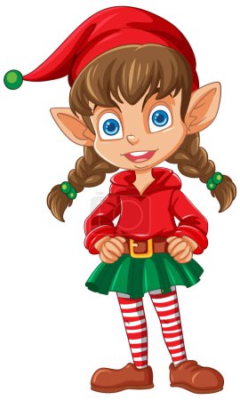 Cartoon elf dressed in traditional holiday colors.