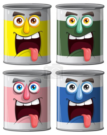 Vier Cartoon-Farbdosen mit verspielten Ausdrücken.