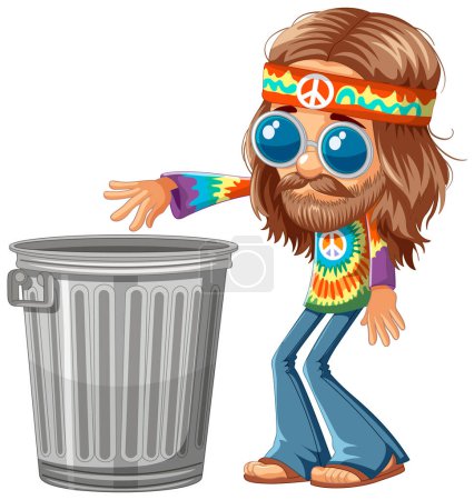 Illustration for Cartoon hippie leaning on a metal trash can. - Royalty Free Image