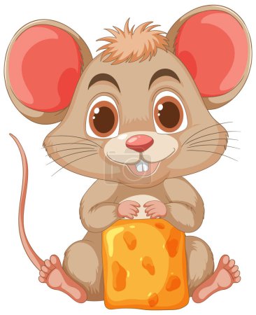 Téléchargez les illustrations : Mignonne souris dessin animé tenant un grand bloc de fromage - en licence libre de droit