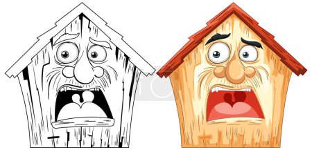 Two houses with human-like facial expressions.