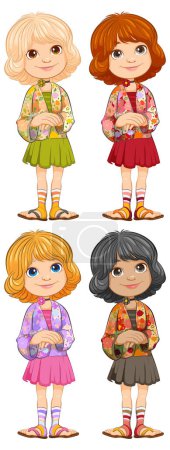 Téléchargez les illustrations : Quatre filles de dessin animé avec différentes coiffures et tenues. - en licence libre de droit