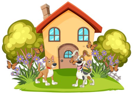 Two cheerful dogs in front of a small house.