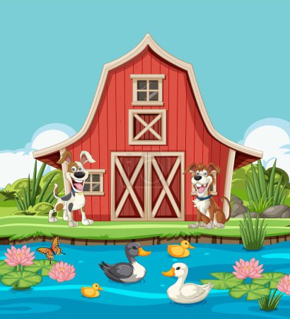 Téléchargez les illustrations : Animaux de dessin animé par une grange et un étang avec des fleurs. - en licence libre de droit