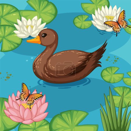 Illustration for Vector illustration of duck with butterflies on water - Royalty Free Image