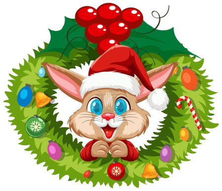 Illustration for Cute rabbit wearing Santa hat inside holiday wreath. - Royalty Free Image