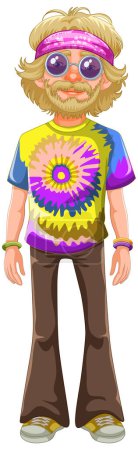 Illustration for Colorful hippie with tie-dye shirt and headband. - Royalty Free Image