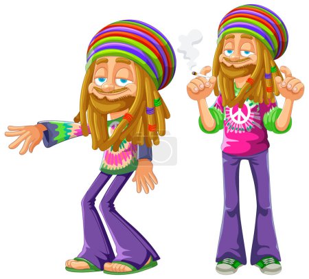 Two poses of a cheerful Rastafarian cartoon character.