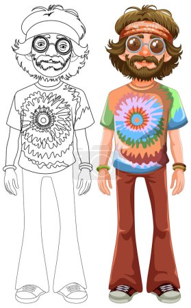 Ilustración de Personajes hippies coloridos y en blanco y negro lado a lado. - Imagen libre de derechos