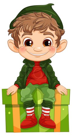 Téléchargez les illustrations : Dessin animé elfe avec un grand sourire assis sur un cadeau. - en licence libre de droit
