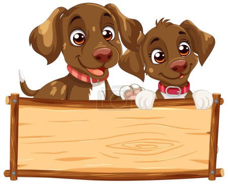 Deux chiens de dessin animé avec une bannière en bois.
