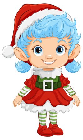 Cartoon elf with blue hair in holiday costume.