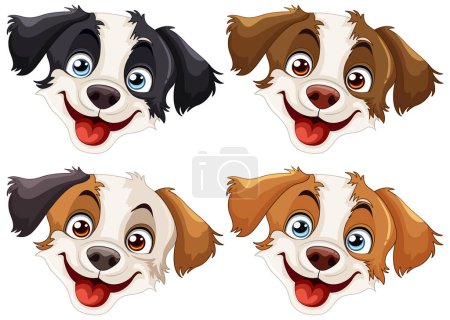 Téléchargez les photos : Quatre visages de chien de dessin animé ludique exprimant la joie - en image libre de droit
