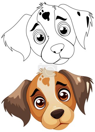 Ilustración de Dos expresivas caras de perro de dibujos animados, una de color, una delineada. - Imagen libre de derechos