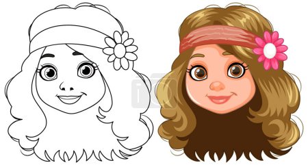 Illustration for Cartoon girl smiling with a colorful headband and flower. - Royalty Free Image