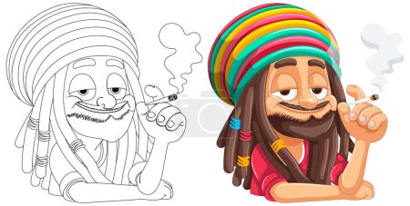 Téléchargez les illustrations : Deux heureux dessin animé rastafariens avec joints fumeur. - en licence libre de droit