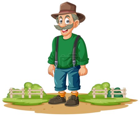 Cheerful cartoon farmer standing by vegetable crates.