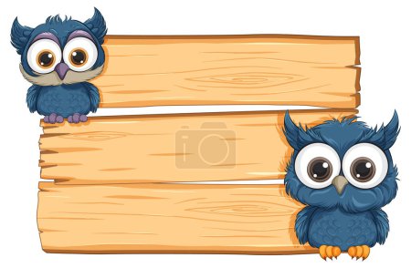 Illustration for Two cartoon owls perched on a blank sign. - Royalty Free Image