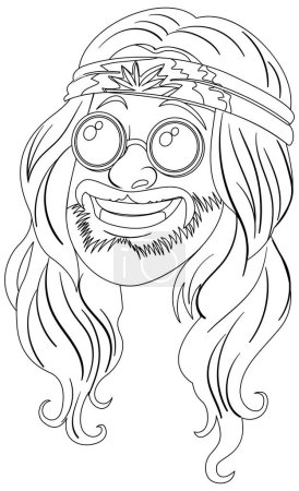 Personnage illustré souriant avec bandeau et lunettes hippie.