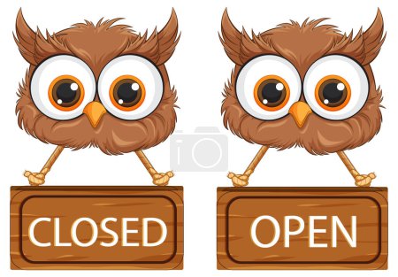 Illustration for Two cartoon owls with signboards showing status - Royalty Free Image
