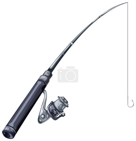 Realistic fishing rod with reel and hook graphic.