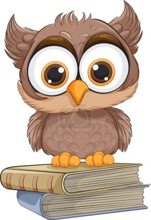 Cute cartoon owl sitting on a pile of books
