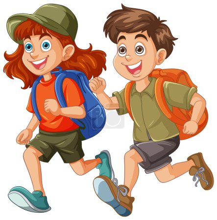 Two kids with backpacks enjoying a hike.