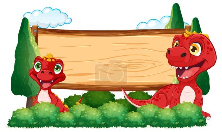 Téléchargez les illustrations : Deux dragons de dessin animé à côté d'un panneau vide. - en licence libre de droit