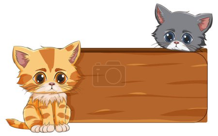 Téléchargez les illustrations : Deux adorables chatons à côté d'un panneau en bois. - en licence libre de droit