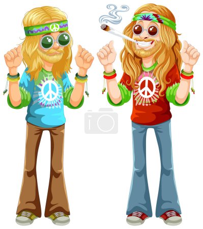Téléchargez les illustrations : Deux hippies de dessin animé avec des symboles de paix et des lunettes de soleil. - en licence libre de droit