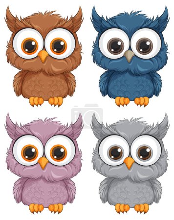 Illustration for Four cute owls with different color feathers. - Royalty Free Image
