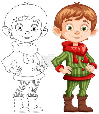 Téléchargez les illustrations : Art linéaire et illustration colorée d'un elfe heureux. - en licence libre de droit
