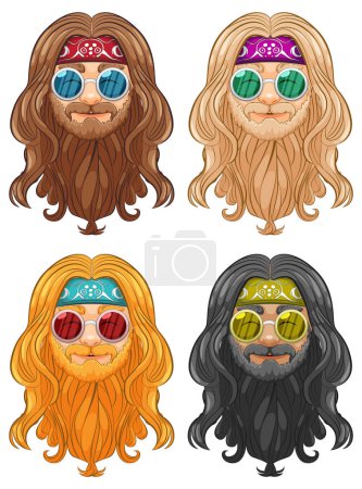 Ilustración de Cuatro leones con diademas vibrantes y gafas de sol. - Imagen libre de derechos