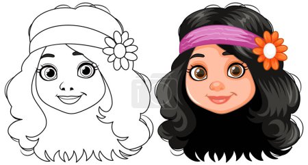 Téléchargez les illustrations : Versions noir et blanc et coloré d'une fille heureuse. - en licence libre de droit