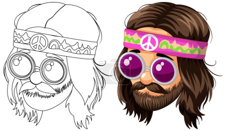Colorful hippie character with peace sign glasses.
