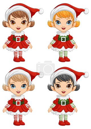 Cuatro elfos de dibujos animados en traje navideño festivo.