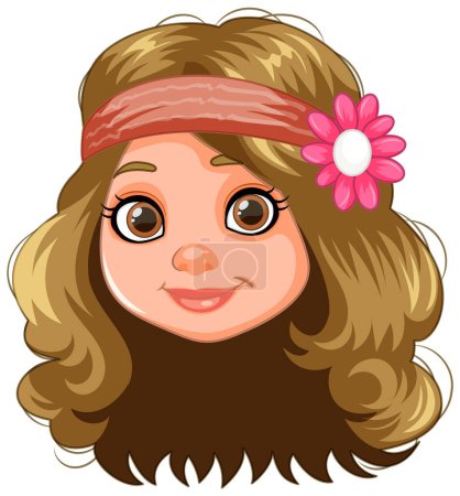 Cartoon of cheerful girl with floral headband.