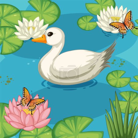 Ilustración de Ilustración vectorial de pato con mariposas sobre el agua - Imagen libre de derechos
