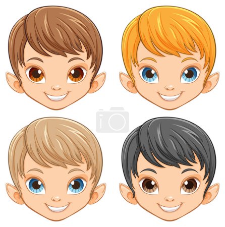 Téléchargez les illustrations : Quatre enfants de dessin animé avec différentes coiffures et expressions. - en licence libre de droit
